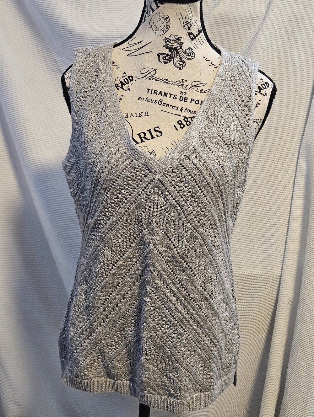 WHBM White House Black Market Silver Metallic Chevron Knit Sweater Vest Tank M